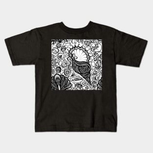 Monochrome Seamless Pattern with Sea Pebbles and Sea Shells Kids T-Shirt